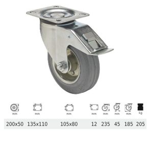 BPSG 2003 2100 W, Rolă pivotantă cu frână, suprafață de rulare din cauciuc gri, fără urme, 200 mm, capacitate de încărcare 205 kg, prindere cu placă