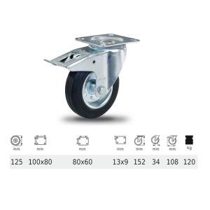 BPSM 1251 2100 L, Rolă pivotantă cu frână, suprafață de rulare din cauciuc negru, 125 mm, capacitate de încărcare 120 kg, prindere cu placă