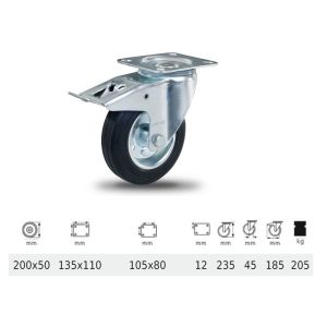 BPSM 2003 2100 W, Rolă pivotantă cu frână, suprafață de rulare din cauciuc negru, 200 mm, capacitate de încărcare 205 kg, prindere cu placă
