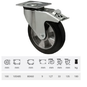 BTAB 1002 6150, Rolă pivotantă cu frână, montată în furcă zincată, cu suprafață de rulare din cauciuc plin negru, 100 mm, 180 kg, prindere cu placă
