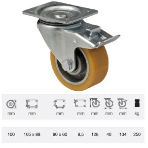 BTAU 1002 6150, Rolă pivotantă cu frână, cu suprafață de rulare din poliuretan, montată în furcă zincată, 100 mm, capacitate de încărcare 250 kg, prindere cu placă