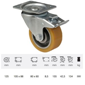 BTAU 1252 6150, Rolă pivotantă cu frână, cu suprafață de rulare din poliuretan, montată în furcă zincată, 125 mm, capacitate de încărcare 300 kg, prindere cu placă
