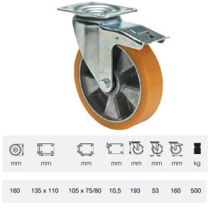 BTAU 1603 6440, Rolă pivotantă cu frână, cu suprafață de rulare din poliuretan, montată în furcă zincată, 160 mm, capacitate de încărcare 500 kg, prindere cu placă