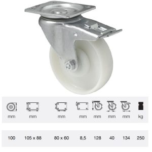 BTPN 1002 5100, Rolă pivotantă cu frână, suprafață de rulare din plastic (poliamidă), montată în furcă zincată, 100 mm, capacitate de încărcare 250 kg, prindere cu placă