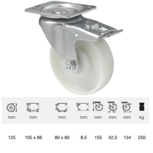 BTPN 1252 5100, Rolă pivotantă cu frână, suprafață de rulare din plastic (poliamidă), montată în furcă zincată, 125 mm, capacitate de încărcare 250 kg, prindere cu placă