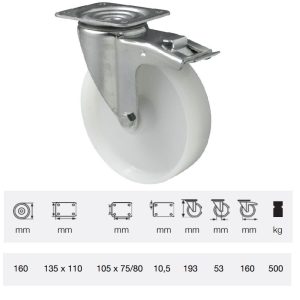 BTPN 1603 6100, Rolă pivotantă cu frână, suprafață de rulare din plastic (poliamidă), montată în furcă zincată, 160 mm, capacitate de încărcare 500 kg, prindere cu placă