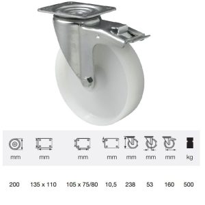 BTPN 2003 6100, Rolă pivotantă cu frână, suprafață de rulare din plastic (poliamidă), montată în furcă zincată, 200 mm, capacitate de încărcare 500 kg, prindere cu placă