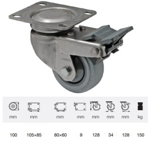 BXPF 1001 7100, Rolă pivotantă cu frână, montată în furcă inox, Suprafață de rulare premium din cauciuc plin PERFORMA, 100 mm, capacitate de încărcare 150 kg, prindere cu placă