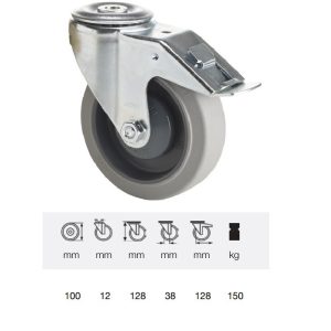 BXPF 1005 7000, Rolă pivotantă cu frână, montată în furcă inox, Suprafață de rulare premium din cauciuc plin PERFORMA, 100 mm, capacitate de încărcare 150 kg, prindere cu gaură centrală