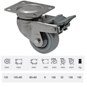 BXPF 1251 7100, Rolă pivotantă cu frână, montată în furcă inox, Suprafață de rulare premium din cauciuc plin PERFORMA, 125 mm, capacitate de încărcare 150 kg, prindere cu placă