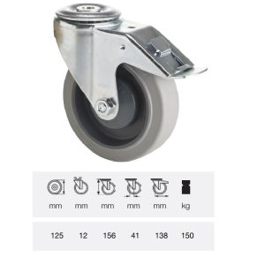 BXPF 1255 7000, Rolă pivotantă cu frână, montată în furcă inox, Suprafață de rulare premium din cauciuc plin PERFORMA, 125 mm, capacitate de încărcare 150 kg, prindere cu gaură centrală
