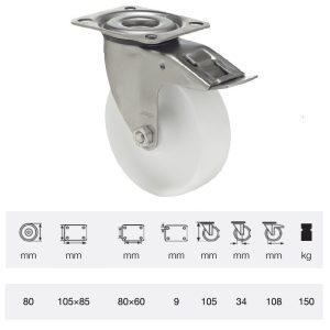 BXPN 0801 1100, Rolă pivotantă cu frână, suprafață de rulare din plastic (poliamidă), montată în furcă inox, 80 mm, capacitate de încărcare 150 kg, prindere cu placă