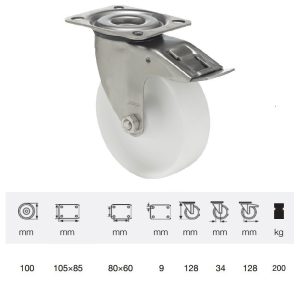 BXPN 1001 1100, Rolă pivotantă cu frână, suprafață de rulare din plastic (poliamidă), montată în furcă inox, 100 mm, capacitate de încărcare 200 kg, prindere cu placă