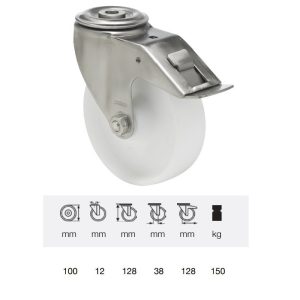 BXPN 1005 1000, Rolă pivotantă cu frână, suprafață de rulare din plastic (poliamidă), montată în furcă inox, 100 mm, capacitate de încărcare 150 kg, prindere cu gaură centrală