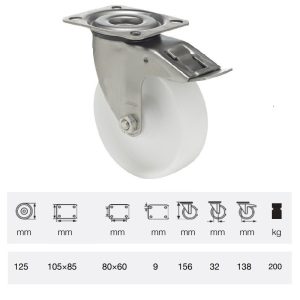 BXPN 1251 1100, Rolă pivotantă cu frână, suprafață de rulare din plastic (poliamidă), montată în furcă inox, 125 mm, capacitate de încărcare 200 kg, prindere cu placă