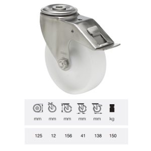 BXPN 1255 1000, Rolă pivotantă cu frână, suprafață de rulare din plastic (poliamidă), montată în furcă inox, 125 mm, capacitate de încărcare 150 kg, prindere cu gaură centrală