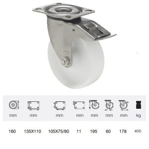 BXPN 1603 1100, Rolă pivotantă cu frână, suprafață de rulare din plastic (poliamidă), montată în furcă inox, 160 mm, capacitate de încărcare 400 kg, prindere cu placă