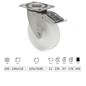 BXPN 2003 1100, Rolă pivotantă cu frână, suprafață de rulare din plastic (poliamidă), montată în furcă inox, 200 mm, capacitate de încărcare 400 kg, prindere cu placă