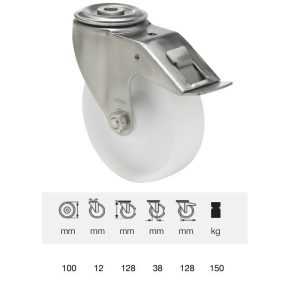BXPP 1005 1000, Rolă pivotantă cu frână, suprafață de rulare din plastic (polipropilenă), montată în furcă inox, 100 mm, capacitate de încărcare 160 kg, prindere cu gaură centrală