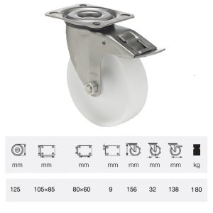 BXPP 1251 1000, Rolă pivotantă cu frână, suprafață de rulare din plastic (polipropilenă), montată în furcă inox, 125 mm, capacitate de încărcare 180 kg, prindere cu placă
