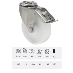 BXPP 1255 1000, Rolă pivotantă cu frână, suprafață de rulare din plastic (polipropilenă), montată în furcă inox, 125 mm, capacitate de încărcare 180 kg, prindere cu gaură centrală