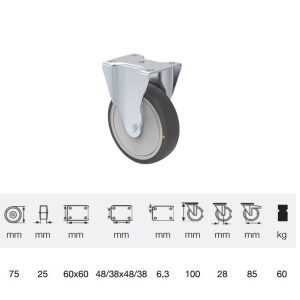 FDPC_0751_5000 rolă fixă, conductivă electric, 75 mm, capacitate de încărcare 60 kg, prindere cu placă