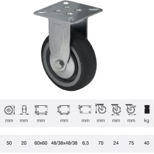 FDPE 0501 1001, Rolă fixă, 50 mm, capacitate de încărcare 40 kg, prindere cu placă