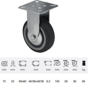 FDPE 0751 1001, Rolă fixă, 75 mm, capacitate de încărcare 60 kg, prindere cu placă