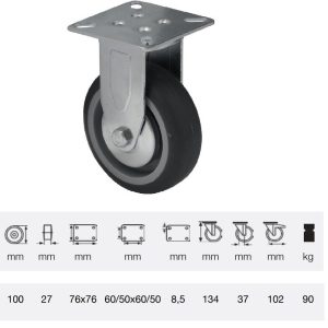 FDPE 1001 1001, Rolă fixă, 100 mm, capacitate de încărcare 90 kg, prindere cu placă