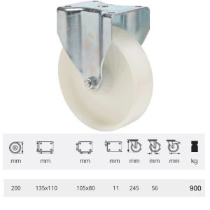 FHPN 2003 6000, Rolă fixă pentru sarcini mari, suprafață de rulare din plastic (poliamidă), montată în furcă zincată, 200 mm, capacitate de încărcare 900 kg