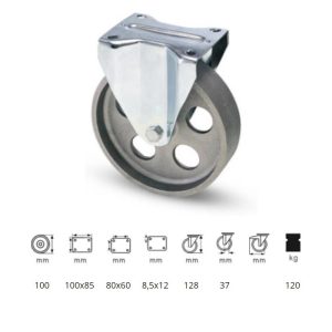FLCN 1002 1000, Rolă fixă, montată în furcă zincată, roată din fontă, cu rezistență termică ridicată, 100 mm, capacitate de încărcare 120 kg, +500 Celsius