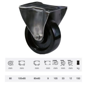 FLFL 0801 1000, termorezistentă (până la +280°C) rolă fixă, montată în furcă zincată, suprafață de rulare din compozit cu rășină fenolică, 80 mm, capacitate de încărcare 150 kg, prindere cu placă