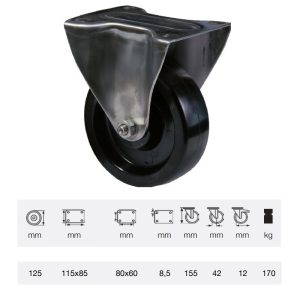 FLFL 1251 1000, termorezistentă (până la +280°C) rolă fixă, montată în furcă zincată, suprafață de rulare din compozit cu rășină fenolică, 125 mm, capacitate de încărcare 150 kg, prindere cu placă