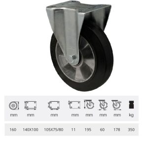 FPAB 1603 6150, Rolă fixă, montată în furcă zincată, cu suprafață de rulare din cauciuc plin negru, 160 mm, 350 kg, prindere cu placă