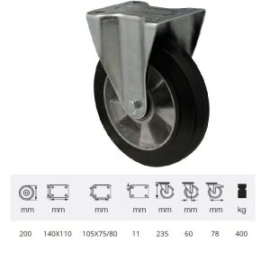 FPAB 2003 6150, Rolă fixă, montată în furcă zincată, cu suprafață de rulare din cauciuc plin negru, 200 mm, 400 kg, prindere cu placă