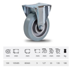 FPAG 1001 6150, Rolă fixă, montată în furcă zincată, cu suprafață de rulare din cauciuc gri, fără urme plin, 100 mm, 180 kg, prindere cu placă