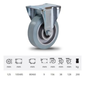 FPAG 1251 6150, Rolă fixă, montată în furcă zincată, cu suprafață de rulare din cauciuc gri, fără urme plin, 125 mm, 200 kg, prindere cu placă