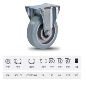 FPAG 1603 6150, Rolă fixă, montată în furcă zincată, cu suprafață de rulare din cauciuc gri, fără urme plin, 160 mm, 350 kg, prindere cu placă