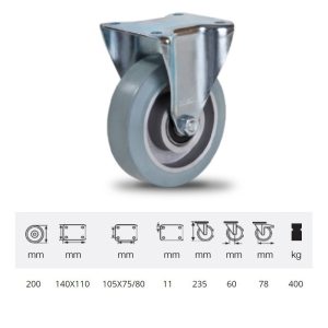 FPAG 2003 6150, Rolă fixă, montată în furcă zincată, cu suprafață de rulare din cauciuc gri, fără urme plin, 200 mm, 400 kg, prindere cu placă