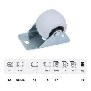 FPG 032 rolă pentru mobilier, rolă fixă, 32 mm, capacitate de încărcare 40 kg, fixare în două puncte prindere cu placă