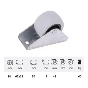 FPG 038 rolă pentru mobilier, rolă fixă, 38 mm, capacitate de încărcare 40 kg, fixare în două puncte prindere cu placă
