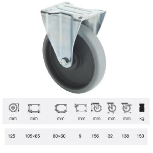 FPPE 1251 5000, Rolă fixă, montată în furcă zincată, Suprafață de rulare premium din cauciuc plin ECOFORMA, 125 mm, capacitate de încărcare 150 kg, prindere cu placă