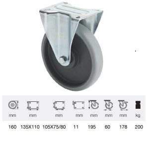 FPPE 1603 5000, Rolă fixă, montată în furcă zincată, Suprafață de rulare premium din cauciuc plin ECOFORMA, 160 mm, capacitate de încărcare 200 kg, prindere cu placă