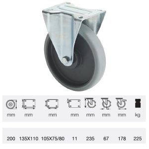 FPPE 2003 5000, Rolă fixă, montată în furcă zincată, Suprafață de rulare premium din cauciuc plin ECOFORMA, 200 mm, capacitate de încărcare 225 kg, prindere cu placă