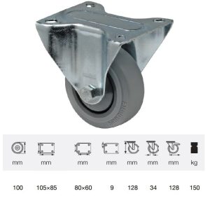 FPPF 1001 5000, Rolă fixă, montată în furcă zincată, Suprafață de rulare premium din cauciuc plin PERFORMA, 100 mm, capacitate de încărcare 150 kg, prindere cu placă