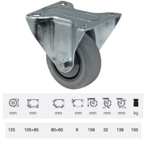 FPPF 1251 5000, Rolă fixă, montată în furcă zincată, Suprafață de rulare premium din cauciuc plin PERFORMA, 125 mm, capacitate de încărcare 150 kg, prindere cu placă
