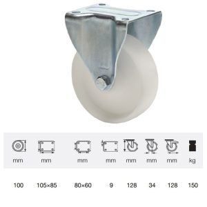 FPPN 1001 1000, Rolă fixă, suprafață de rulare din plastic (poliamidă), montată în furcă zincată, 100 mm, capacitate de încărcare 150 kg, prindere cu placă