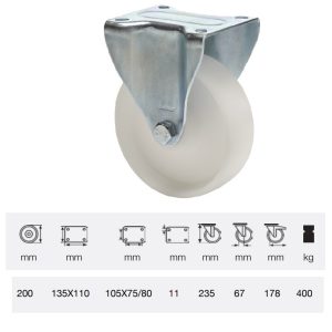 FPPN 2003 1000, Rolă fixă, suprafață de rulare din plastic (poliamidă), montată în furcă zincată, 200 mm, capacitate de încărcare 400 kg, prindere cu placă