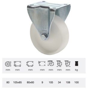 FPPP 0801 1000, Rolă fixă, suprafață de rulare din plastic (polipropilenă), montată în furcă zincată, 80 mm, capacitate de încărcare 150 kg, prindere cu placă