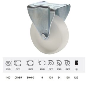 FPPP 1001 1000, Rolă fixă, suprafață de rulare din plastic (polipropilenă), montată în furcă zincată, 100 mm, capacitate de încărcare 150 kg, prindere cu placă